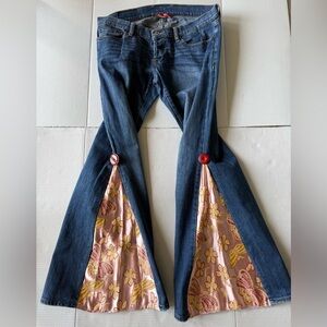 Upcycled Hand Created Denim Jeans sz 10 Butterflies and Flowers Satin Flare